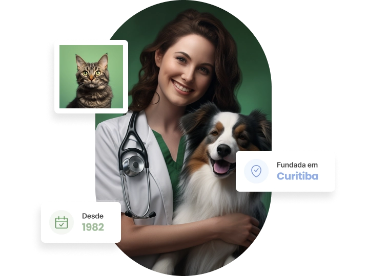 Desde 1982, fundada em Curitiba. Médica veterinária abraçando cachorro